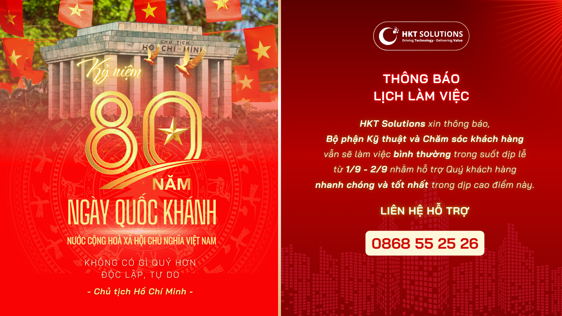 [HKT Solutions] thông báo lịch hoạt động lễ Quốc Khánh 2/9/2025